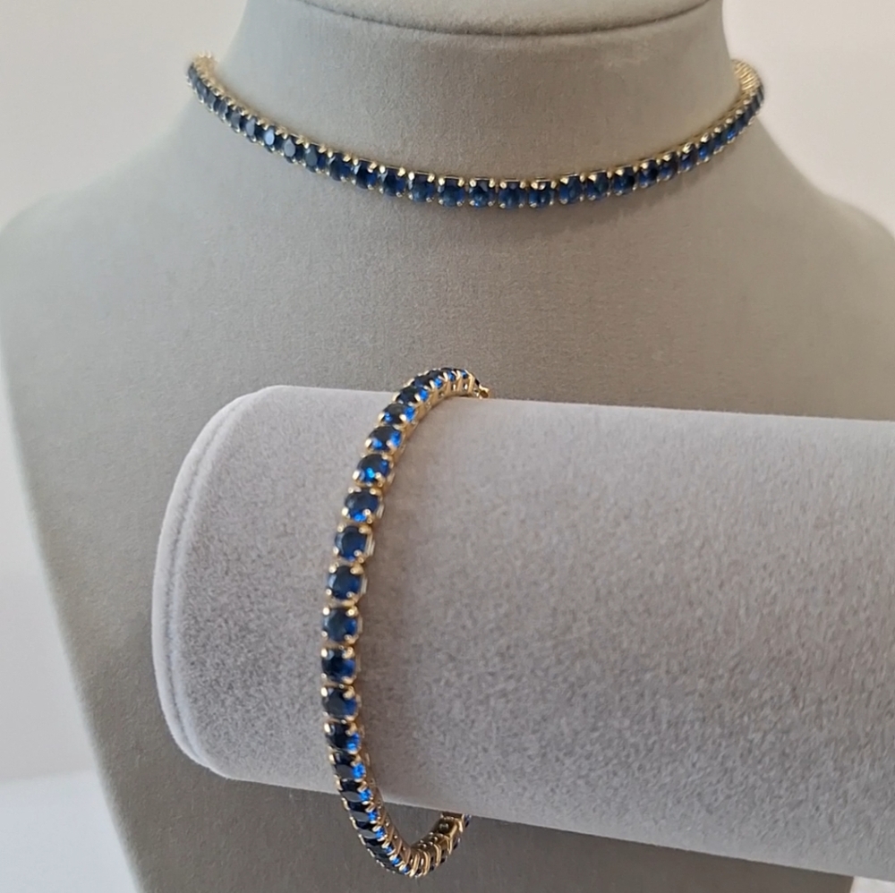 Sapphires Tennis Necklace And Bracelet Set 4mm